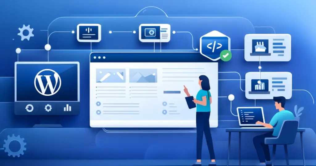 Flat illustration showing WordPress custom development, API connections, and advanced feature integration.