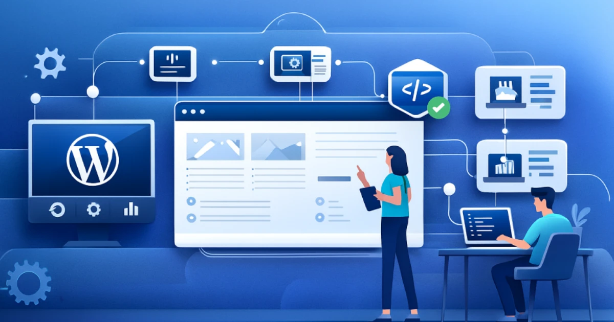 Flat illustration showing WordPress custom development, API connections, and advanced feature integration.
