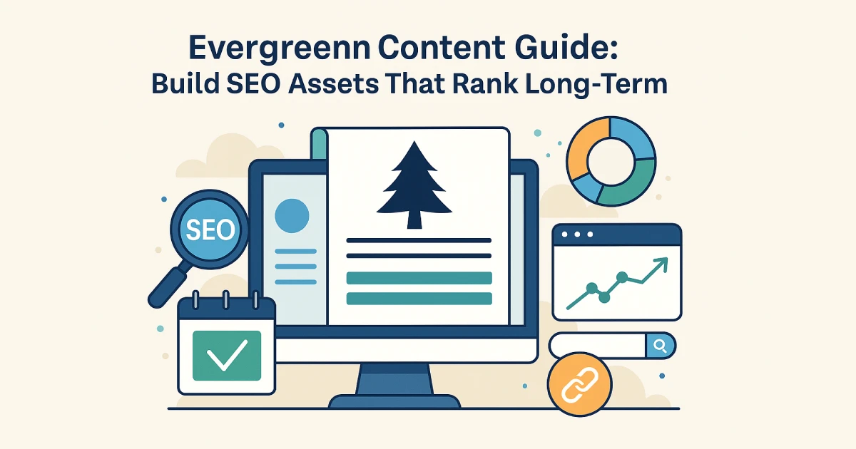 Flat digital illustration representing evergreen SEO content with a monitor, SEO icons, graphs, and a tree symbolizing long-term rankings.