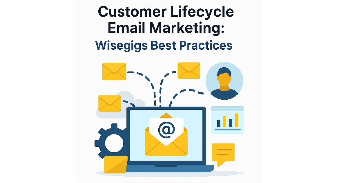 Featured image showing lifecycle email marketing automation with icons and Wisegigs branding.
