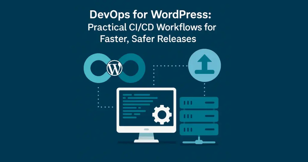 Illustration showing CI/CD workflow for WordPress development with servers and automation icons.