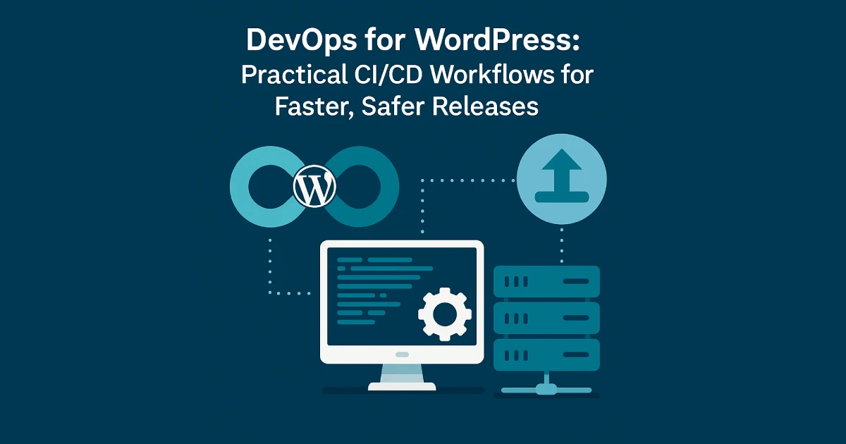 Illustration showing CI/CD workflow for WordPress development with servers and automation icons.