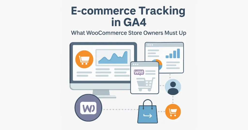 Flat digital illustration showing GA4 dashboards, WooCommerce icons, and e-commerce tracking flow.