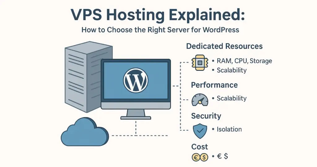 Flat digital illustration showing VPS server towers, WordPress monitor, and hosting performance elements.