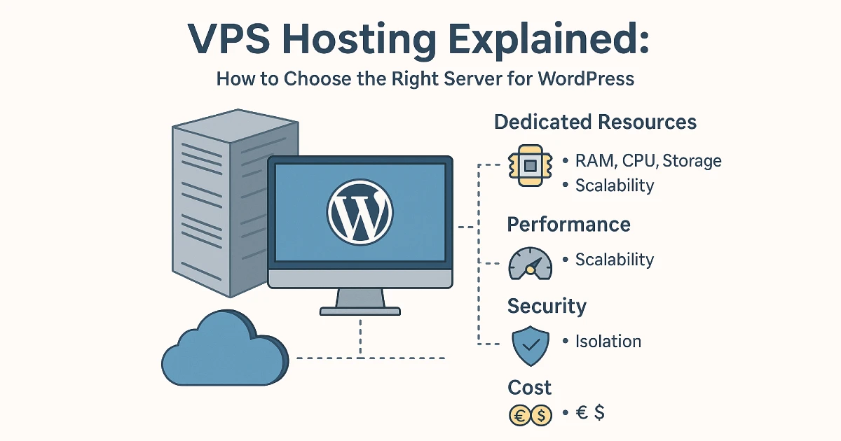 Flat digital illustration showing VPS server towers, WordPress monitor, and hosting performance elements.