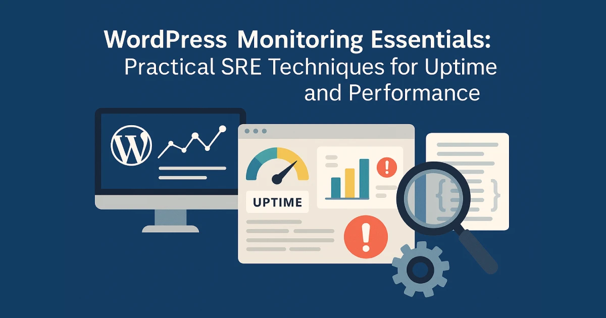 Flat digital illustration showing monitoring dashboards and SRE tools for WordPress uptime and performance.