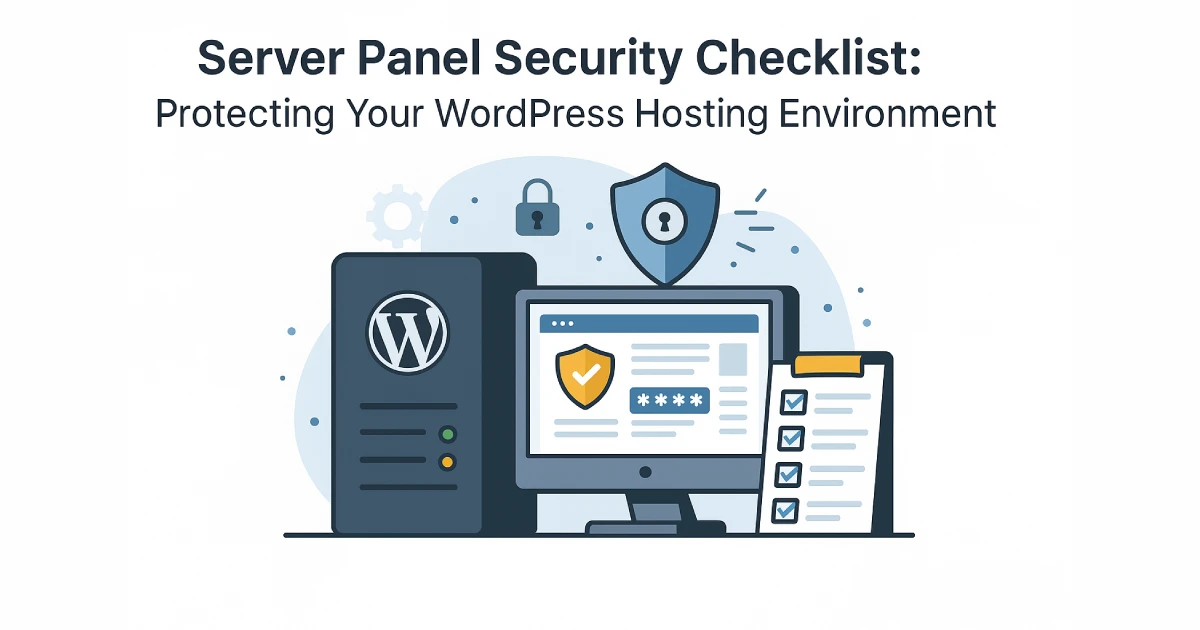 Flat digital illustration showing a server panel security dashboard for protecting WordPress hosting environments.