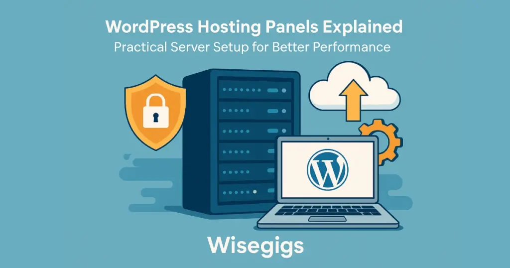 Digital illustration showing a WordPress server setup with control panels, dashboards, and tools.