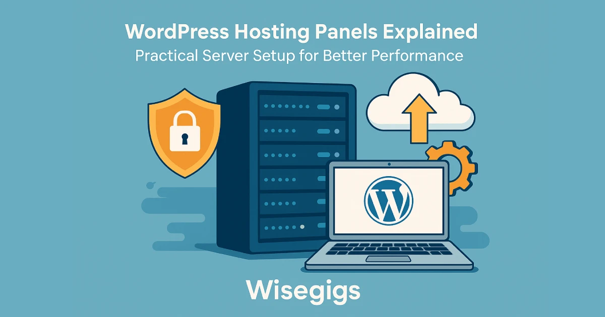 Digital illustration showing a WordPress server setup with control panels, dashboards, and tools.