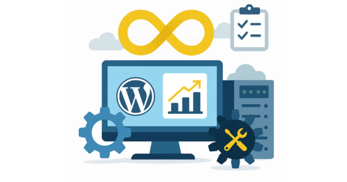 Flat digital illustration showing DevOps tools, server automation, and WordPress performance monitoring icons.