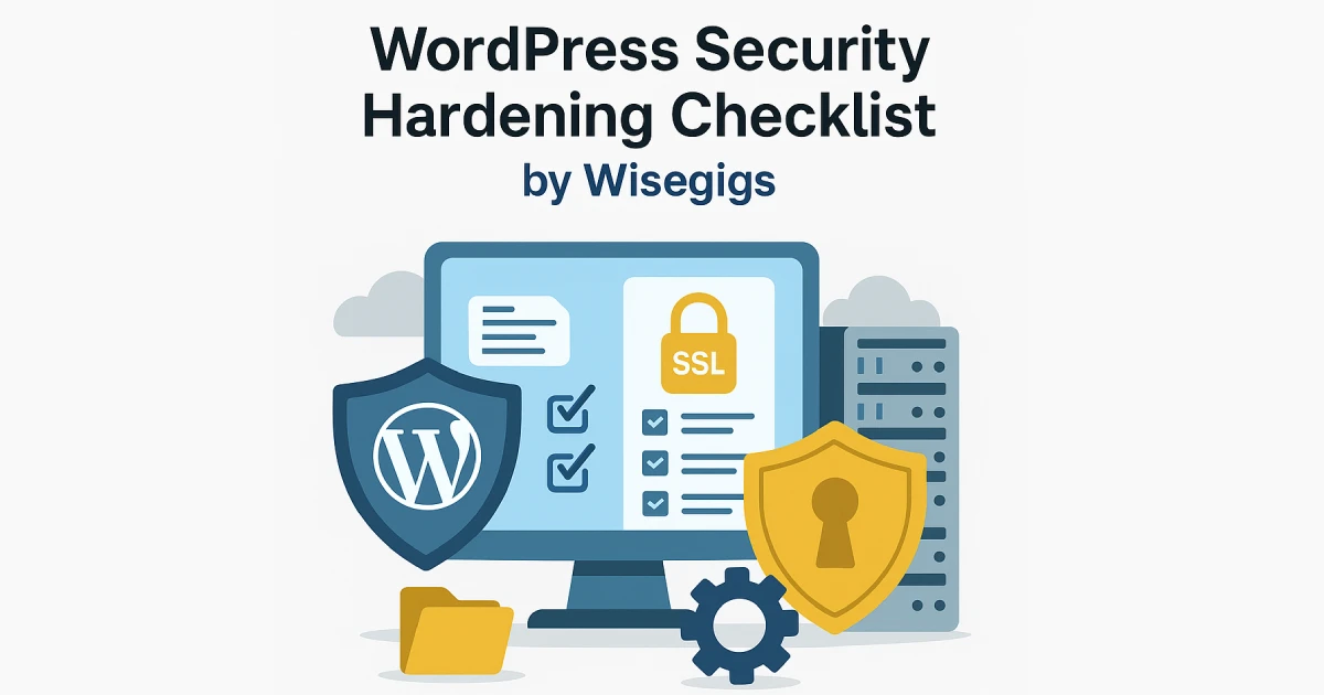 Flat digital illustration showing WordPress security hardening tools and server protection elements.