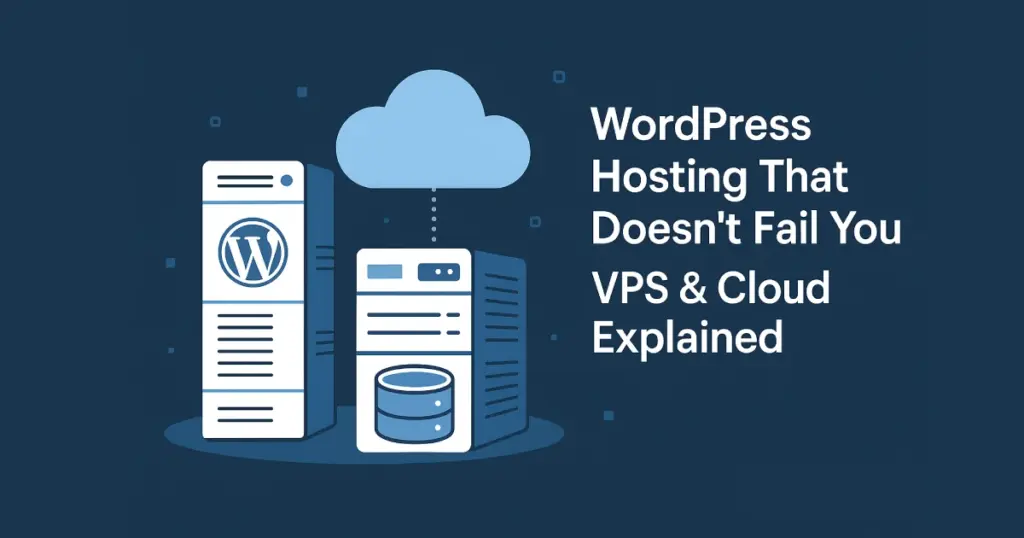 WordPress VPS and cloud hosting illustration showing servers and cloud connection