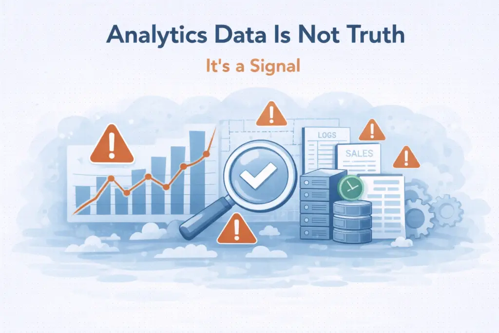 Flat illustration showing analytics data as a signal that requires validation, not absolute truth.