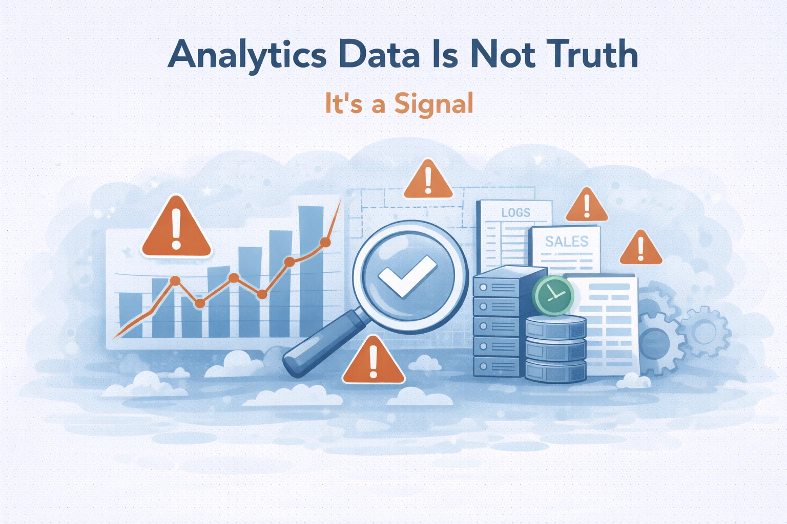 Flat illustration showing analytics data as a signal that requires validation, not absolute truth.