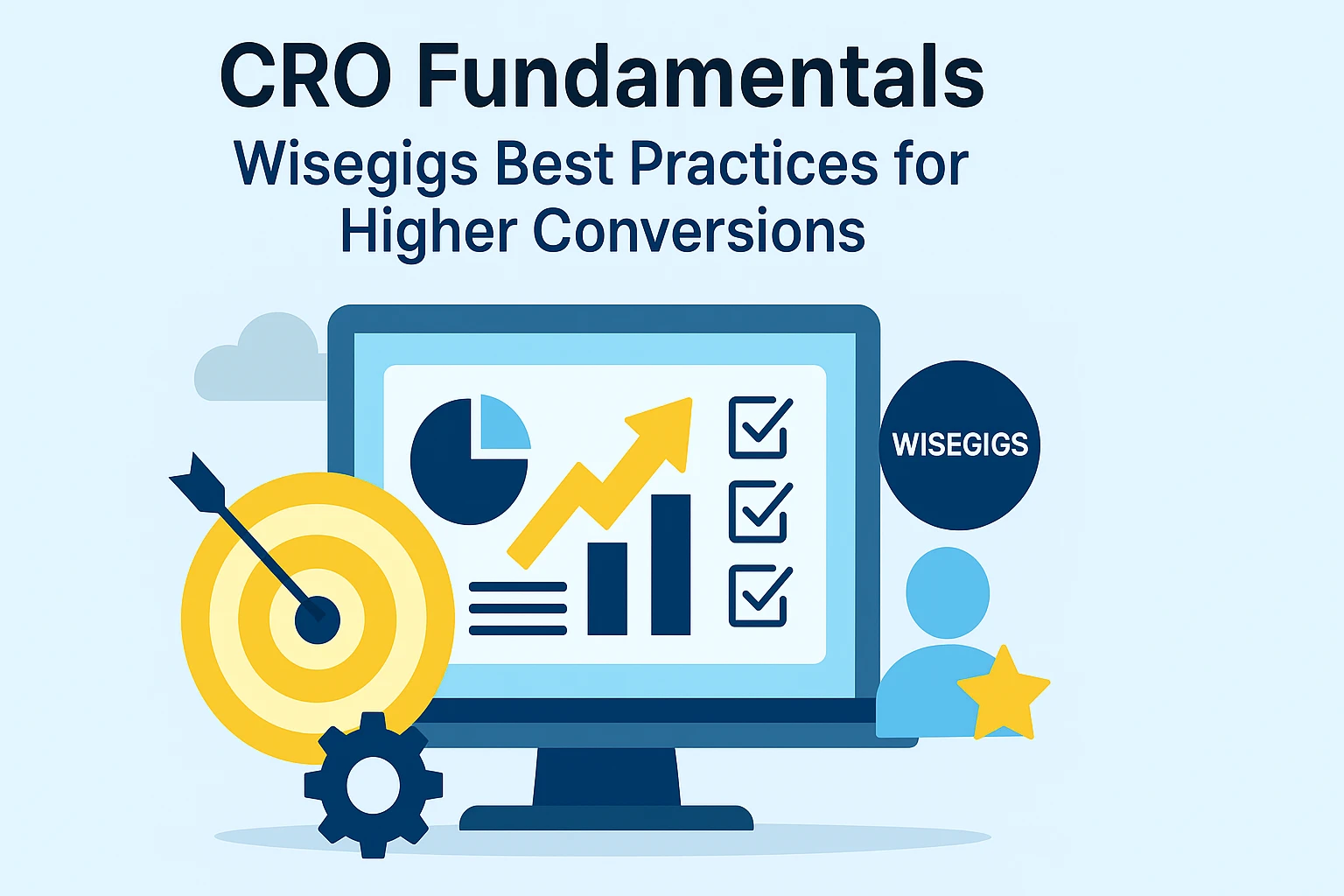 Flat digital illustration showing CRO fundamentals and the Wisegigs conversion framework