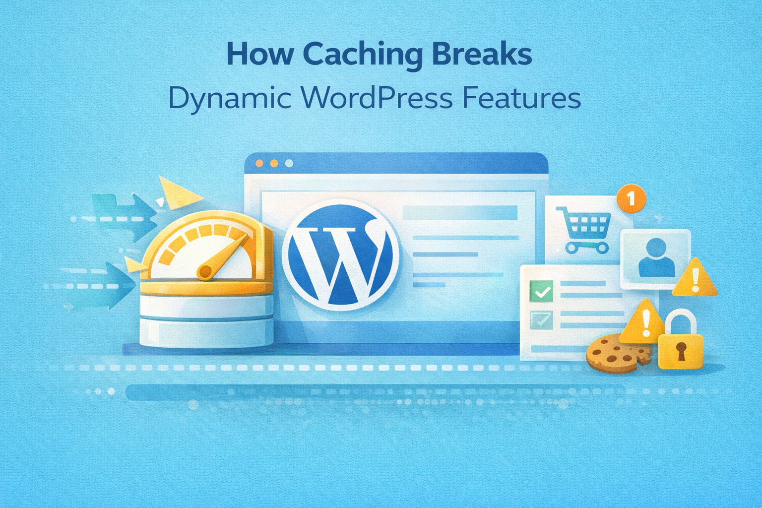 Flat illustration showing WordPress dynamic features being disrupted by improper caching layers.