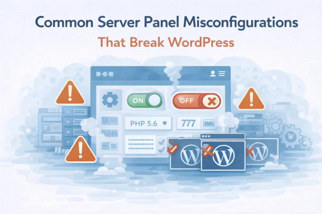 Flat illustration showing common server panel misconfigurations that cause WordPress issues.