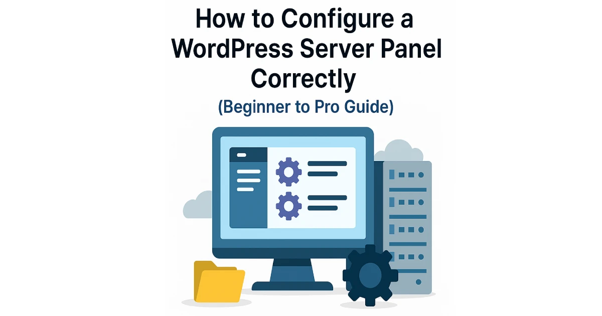 Digital illustration showing WordPress server panel configuration tools, dashboards, and hosting infrastructure.
