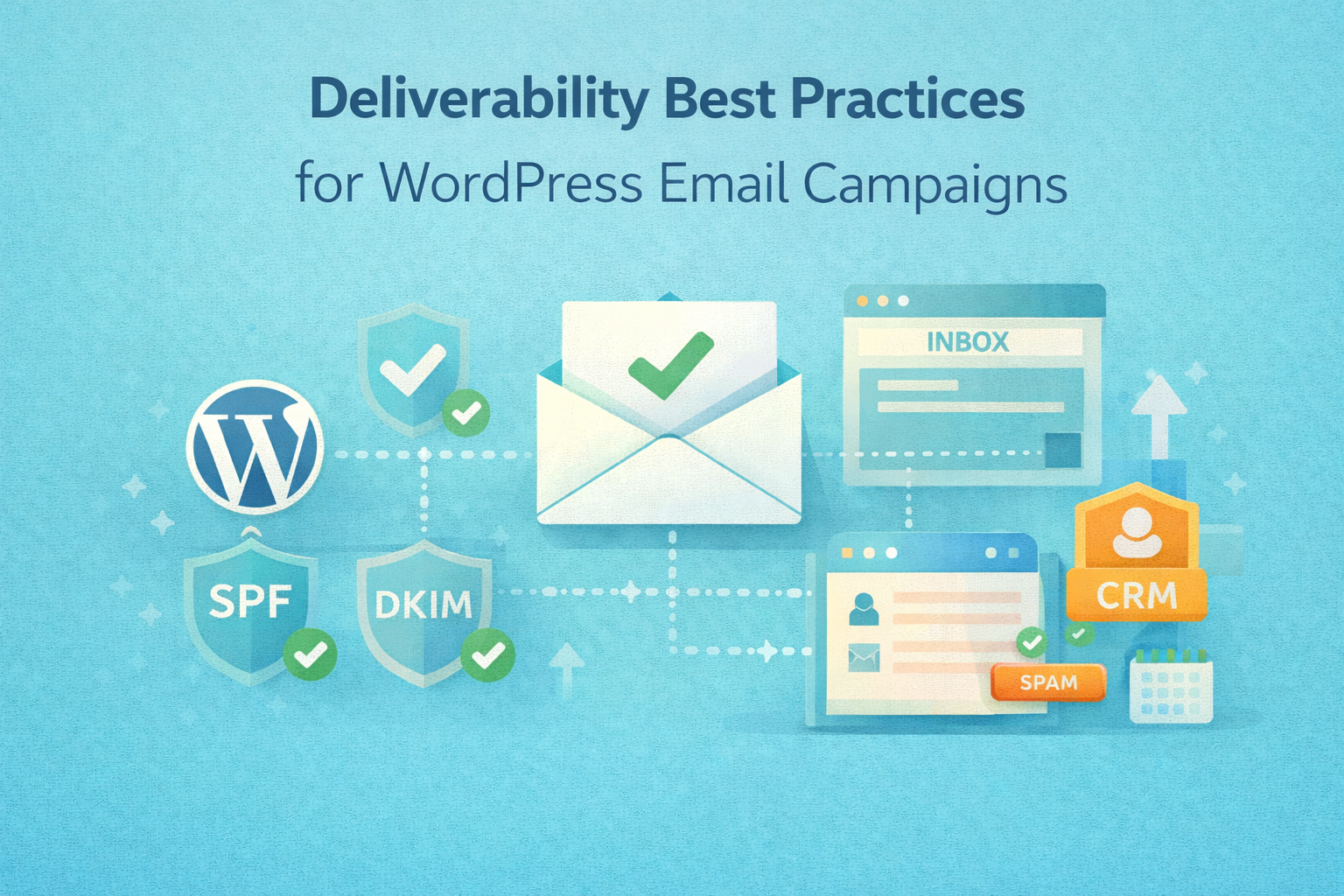 Flat illustration showing a WordPress email system with inbox delivery, authentication checks, and CRM integration.