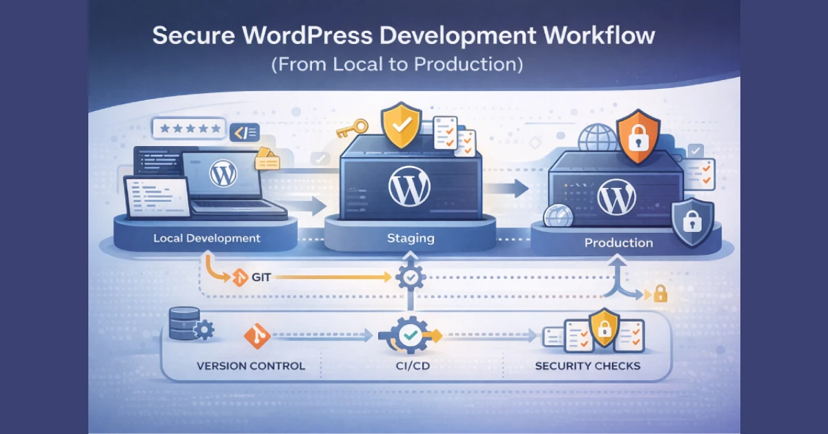 Illustration showing a secure WordPress development workflow from local development to staging and production, with security checks and deployment pipelines.