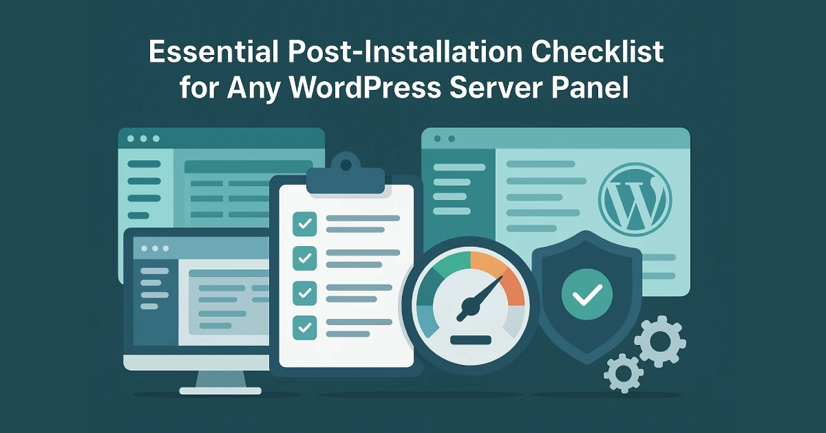 Illustration showing server panel dashboards, installation checklists, security tools, and WordPress hosting components arranged in a technical layout.