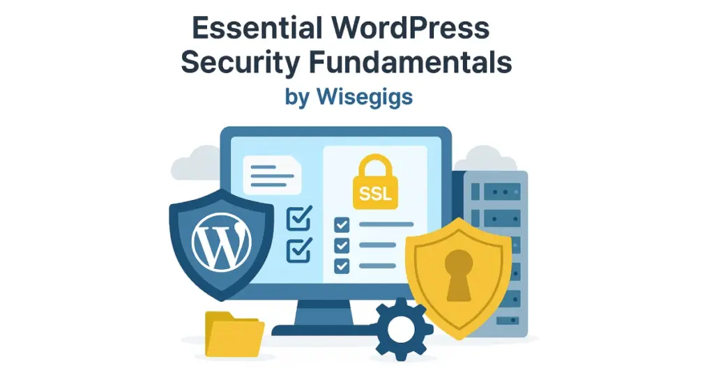 Flat digital illustration showing WordPress security shields, servers, and protection icons for a hardening checklist.