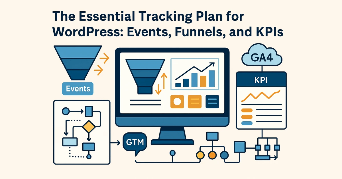 Illustration showing analytics funnels, KPI dashboards, GA4 event tracking structures, and WordPress site interactions arranged in a clean measurement framework layout.