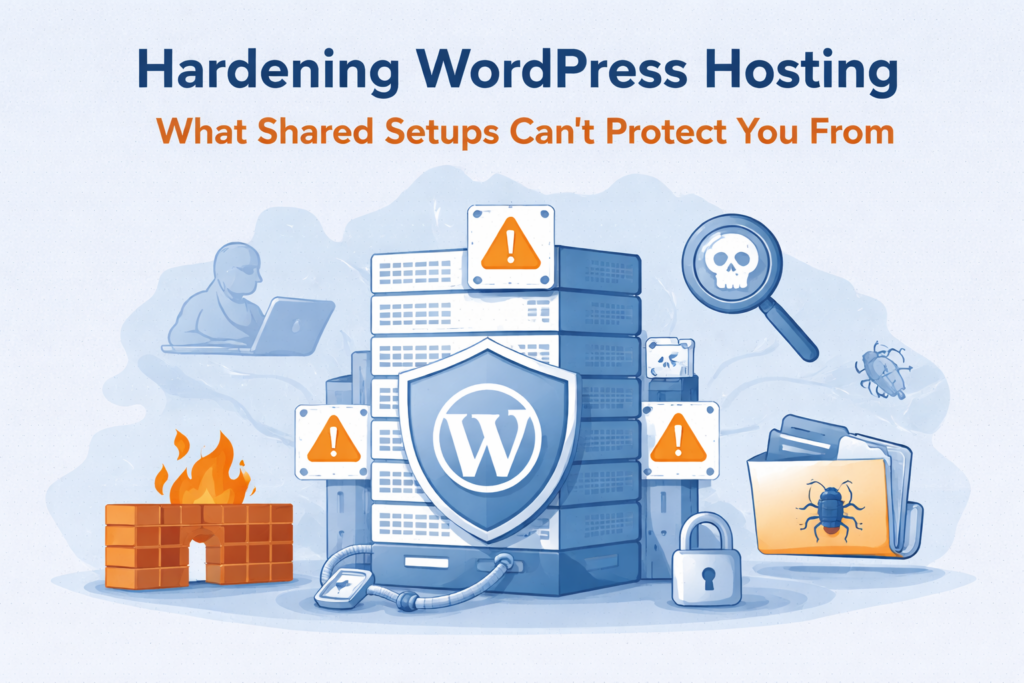 Flat illustration showing WordPress hosting security risks that shared setups cannot fully protect against.