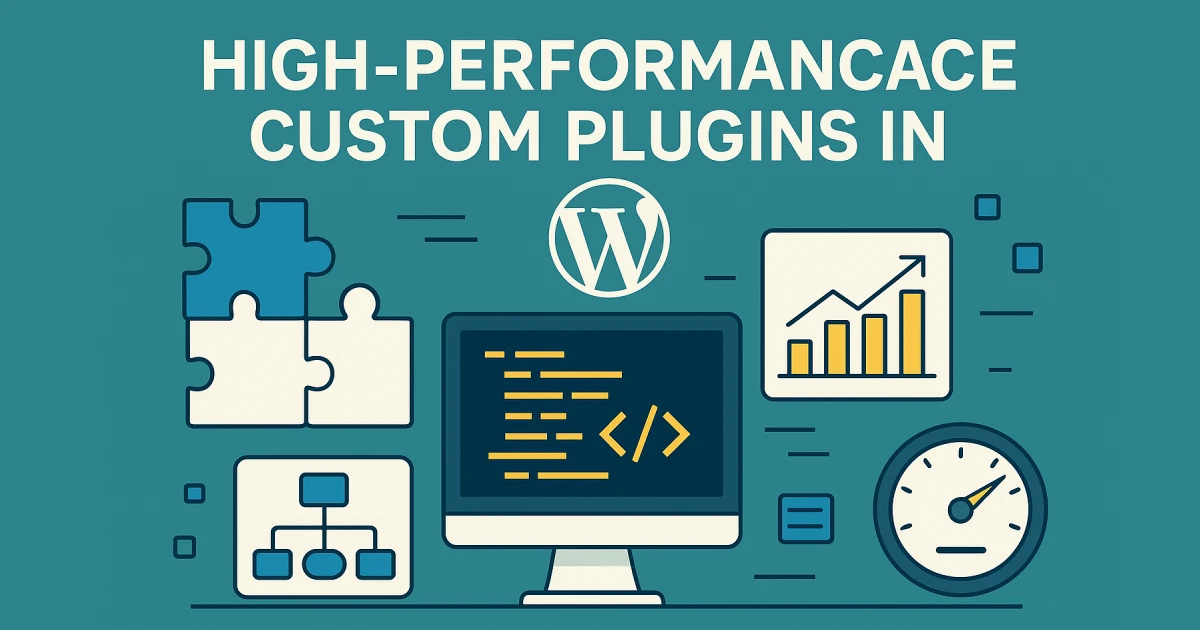 Illustration showing modular WordPress plugin architecture with optimized components, performance graphs, and clean code structures representing high-performance plugin development.