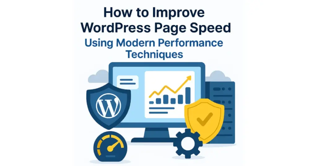 Flat digital illustration showing WordPress performance optimization with speed charts, caching icons, and server visuals.