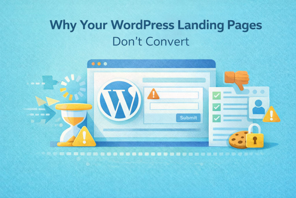 Flat editorial illustration showing UX breakdowns on a WordPress landing page causing lost conversions.