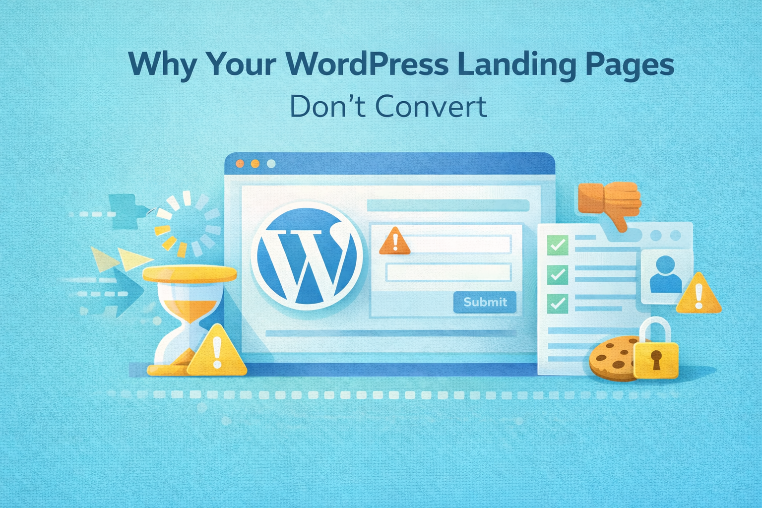 Flat editorial illustration showing UX breakdowns on a WordPress landing page causing lost conversions.