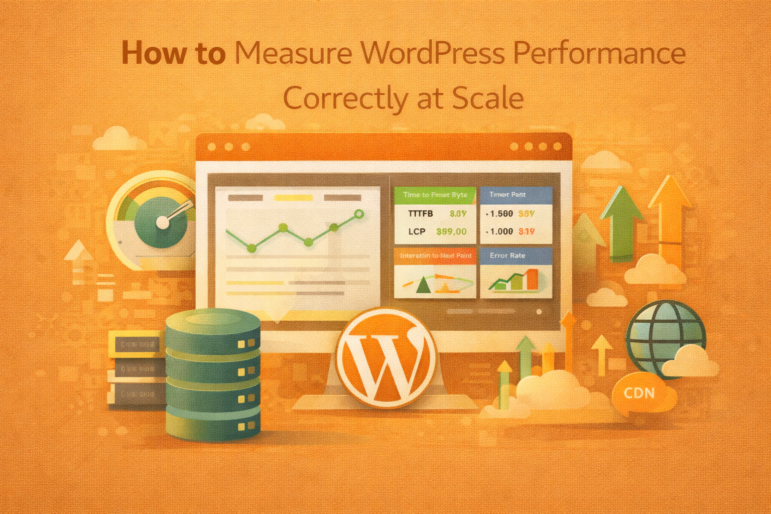 Flat illustration showing WordPress performance dashboards, monitoring metrics, and scaling indicators used to measure performance at high traffic levels.