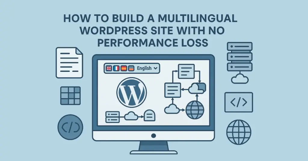 Illustration showing multilingual WordPress architecture with language selectors, caching layers, global CDN routing, and optimized translation structures.
