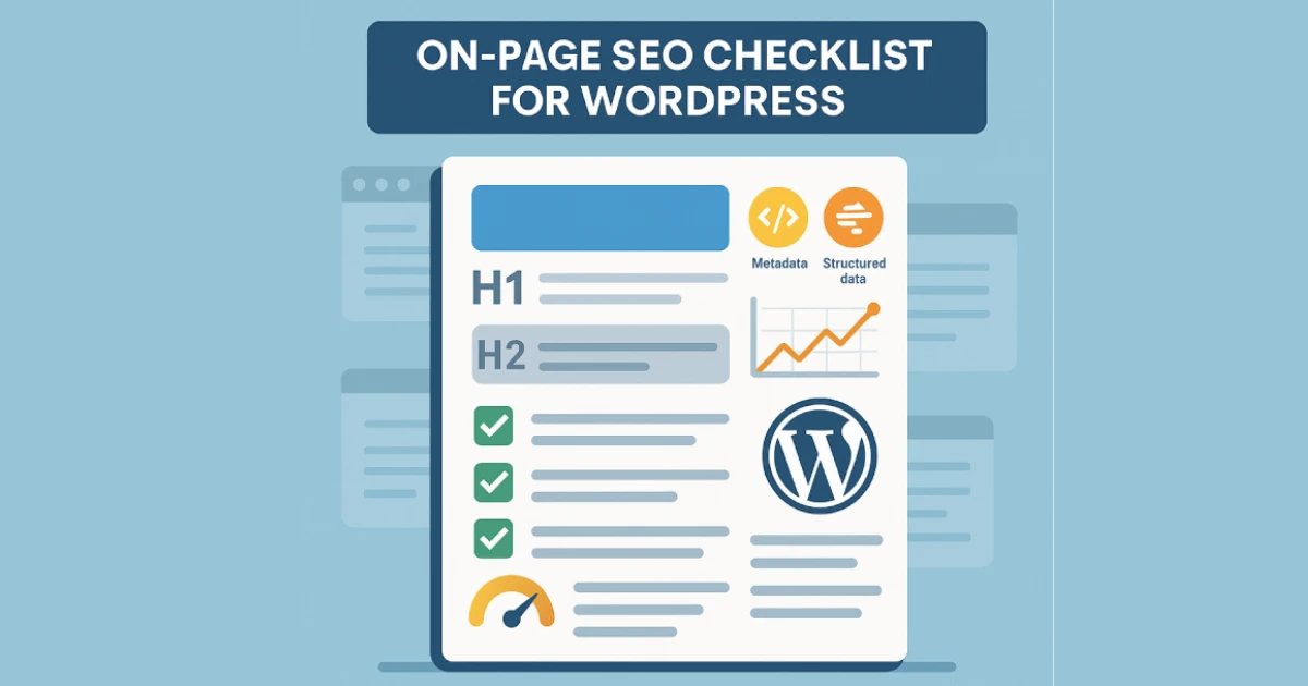 Illustration showing structured on-page SEO elements, headings, metadata icons, page speed metrics, and WordPress content blocks arranged in a clean technical layout.