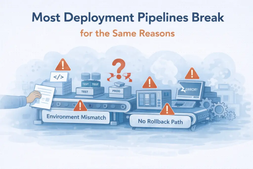 Flat illustration showing common reasons CI/CD deployment pipelines fail in production.