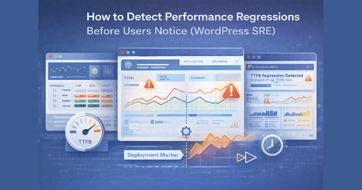 Illustration showing WordPress performance monitoring dashboards detecting early regressions before users experience slowdowns.