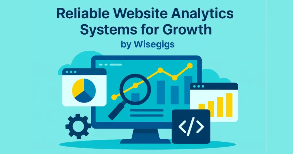 Flat digital illustration showing analytics dashboards, charts, and tracking tools for reliable website analytics.