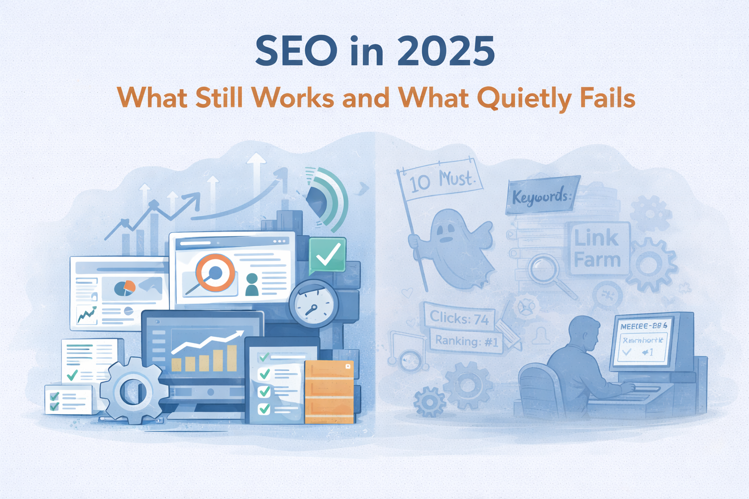 Flat illustration showing modern SEO practices in 2025 and outdated tactics that no longer work.