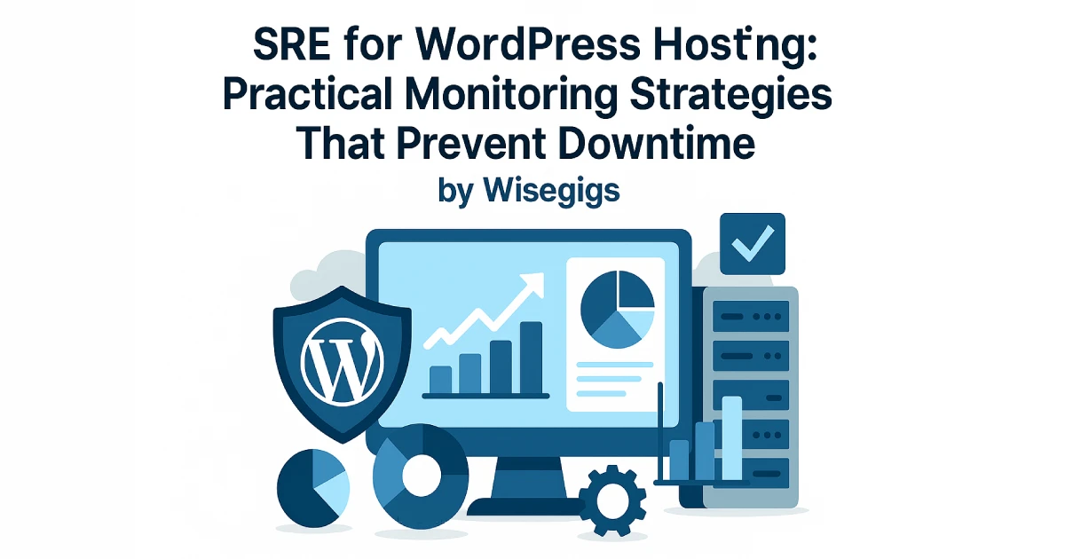 Digital illustration showing WordPress hosting monitoring and SRE concepts such as dashboards, charts, and server stability icons.