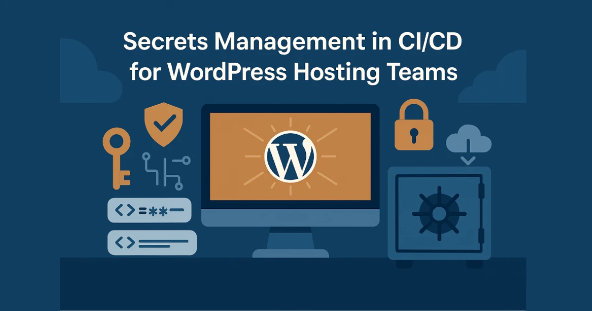 Flat illustration showing secure CI/CD pipelines with encrypted keys, vault icons, servers, and WordPress symbols, representing secrets management for WordPress hosting teams.