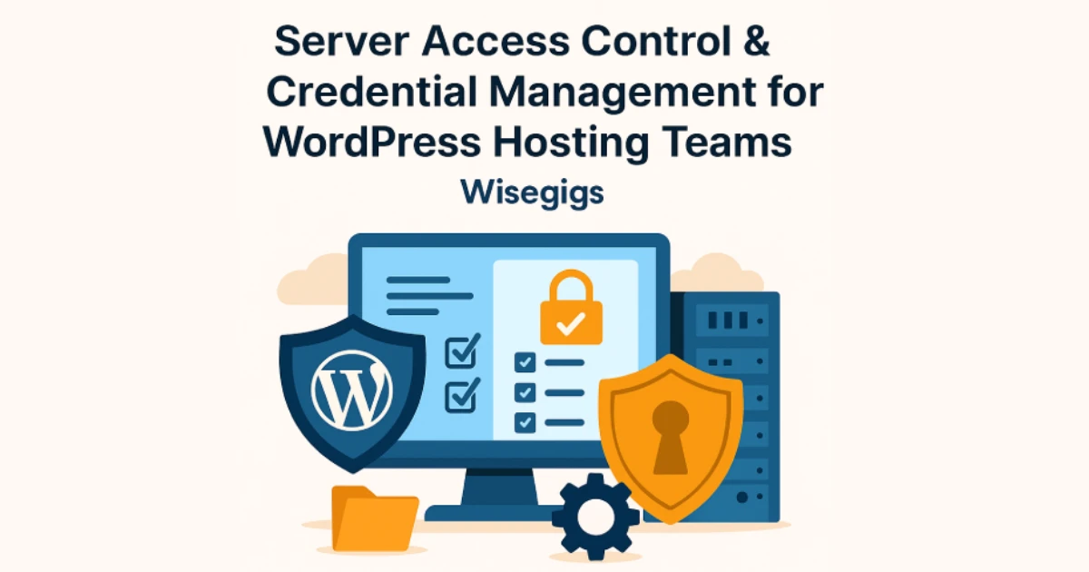 Flat illustration showing WordPress security shields, server stacks, and authentication icons representing access control best practices.