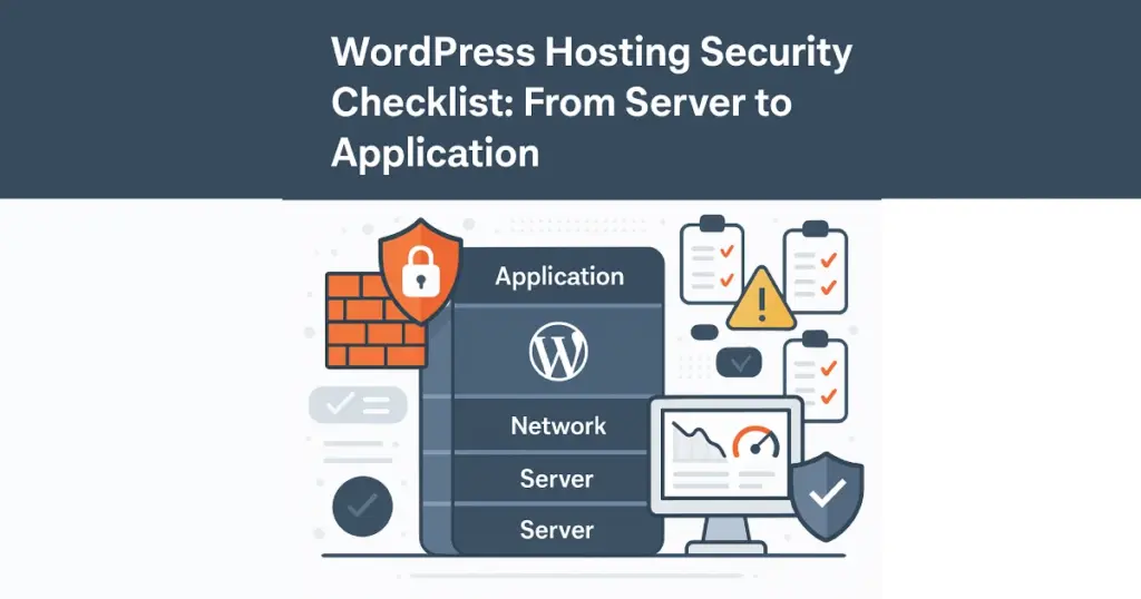 Illustration showing layered WordPress hosting security from server infrastructure to application-level protection, including firewalls, monitoring, and compliance.