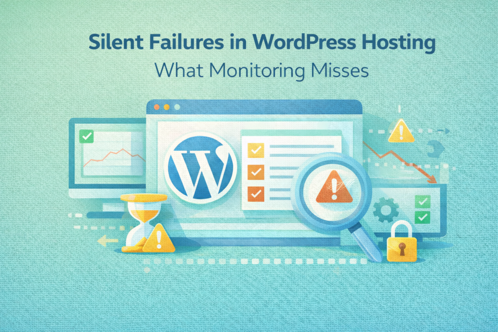 Flat editorial illustration showing hidden WordPress hosting failures that monitoring systems often miss.