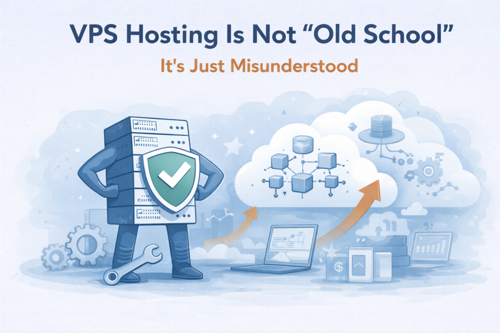 Flat illustration showing VPS hosting as a modern, reliable alternative to cloud hosting.