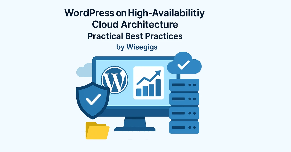 Digital illustration showing WordPress, cloud servers, and high-availability hosting architecture.