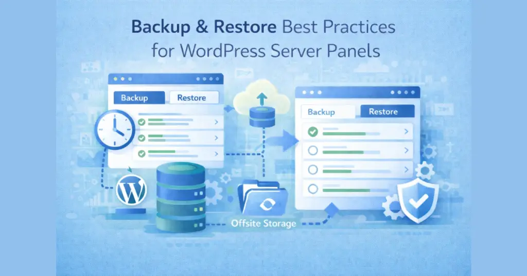 Flat illustration showing WordPress server panels managing automated backups, offsite storage, and restore workflows.