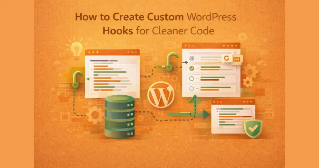 Illustration showing custom WordPress hooks connecting modular code components for cleaner, extensible architecture.