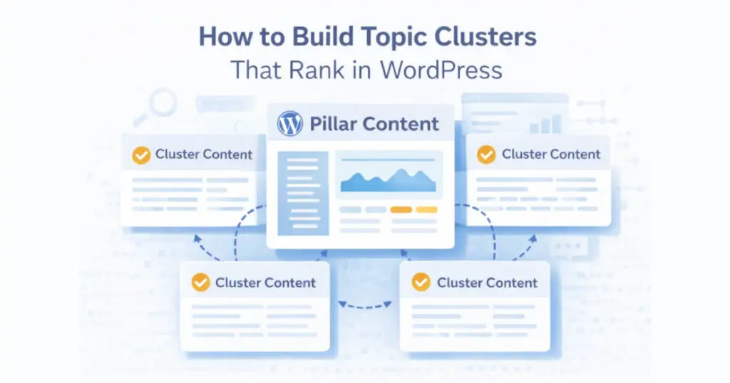 Illustration showing topic cluster SEO structure in WordPress with pillar content connected to multiple supporting articles.