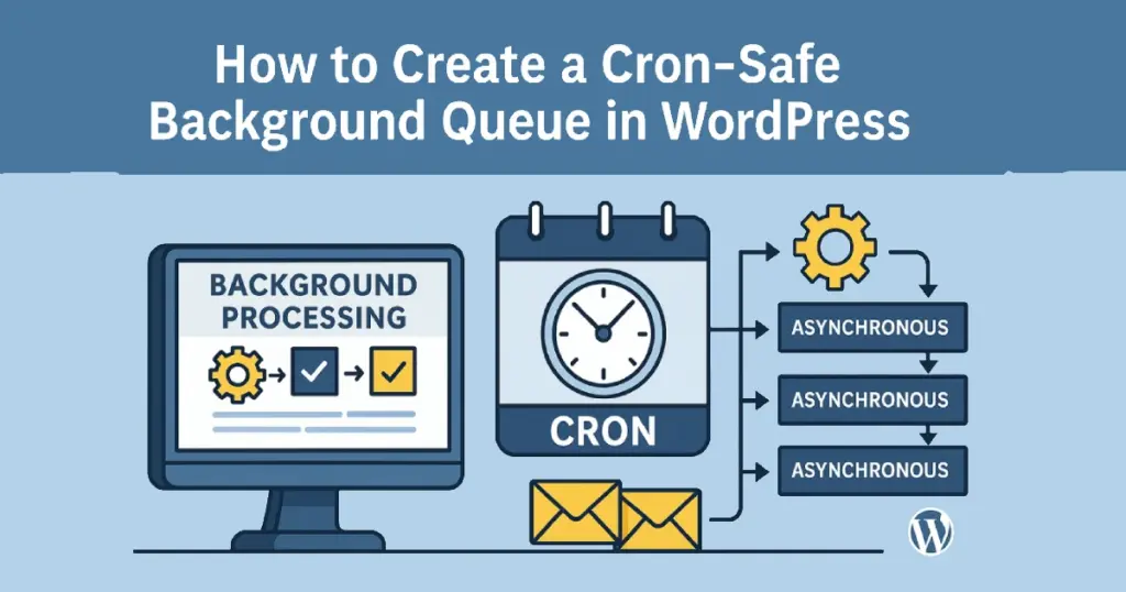 Illustration showing asynchronous background processes, cron scheduling, task queues, and WordPress automation in a clean engineering layout.